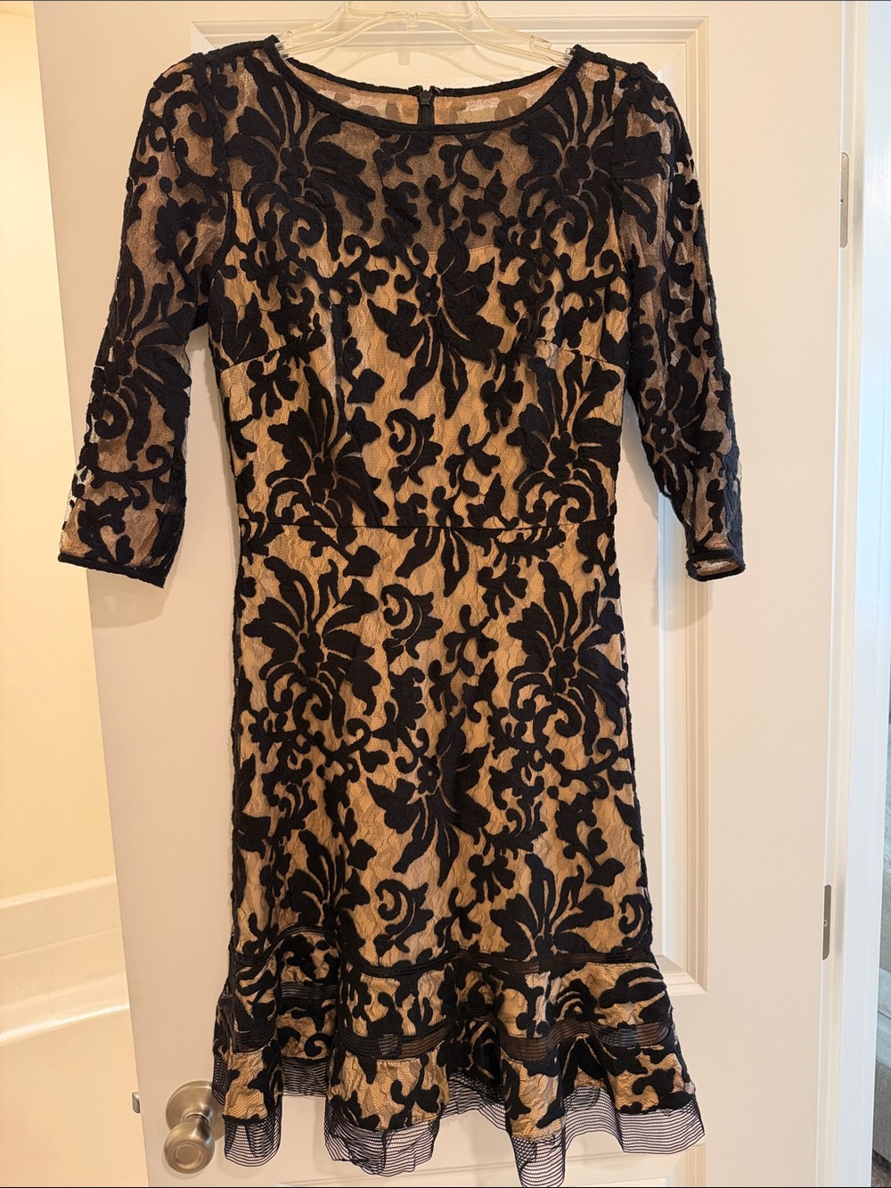 Tadashi Shoji Black Lace Floral Midi Dress with Tan Underlay
